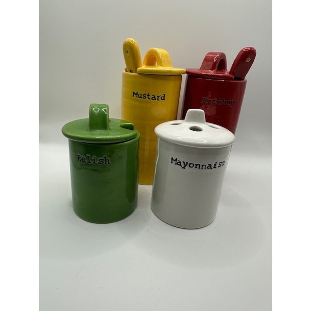 Pottery Barn BBQ Condiment Set & Tray Spoons Ketchup Mustard Mayo Relish RETIRED